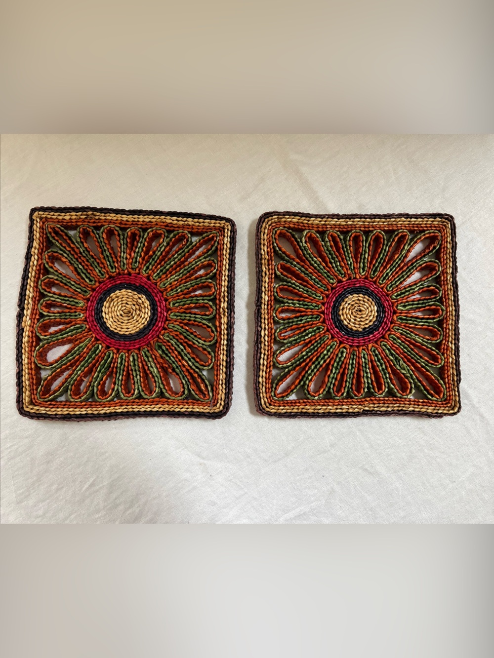 Woven Rattan Trivets (2) Raffia Wicker Straw Colorful Hot Pads Boho Vintage